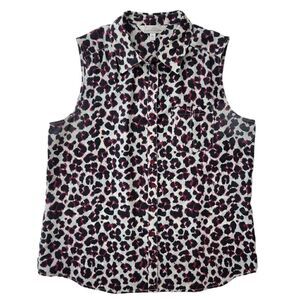 Tradition B&W Leopard Print with Maroon Accents Sleeveless Button Down Shirt